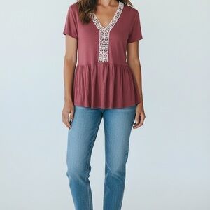 Amaryllis Women’s Terracotta crochet neck boho short sleeve babydoll top S